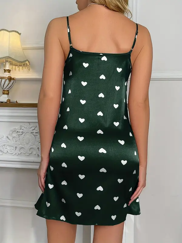 Women's Heart Print Adjustable Strap Satin Nightdress, Casual Sleeveless Cami Silk Nightgown for Daily Home Wear, Women's Sleepwear for Summer 7