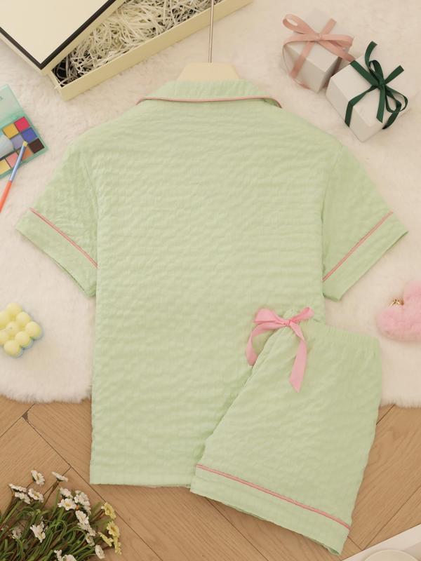 Women's Solid Color Short Sleeve Top & Shorts Pajama Two-piece Set, Casual Comfy Shirt & Shorts PJ Set, Ladies Summer Sleepwear, Loungewear 7