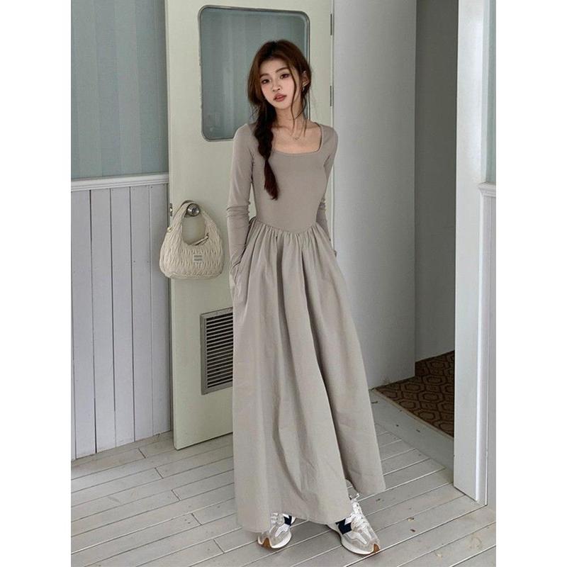 French Hepburn style long sleeve square neck bottoms dress WOMEN'S autumn 2024 new high-grade elegant inner match long dress Casual Womenswear 0
