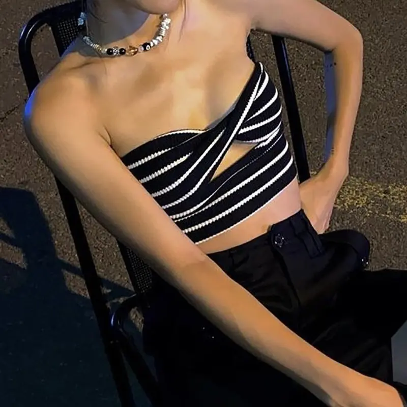 Áo Ba Lỗ Cropped Xén, Thời Trang, Sọc, Gợi Cảm, Với Thiết Kế khoét Nữ Top Women Voi