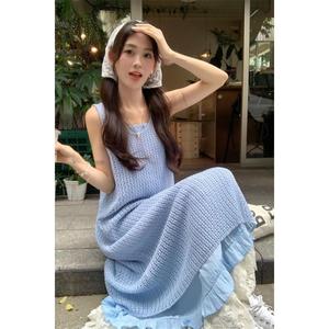 Vacation Style Hollow Knit Vest Dress for Women Summer Gentle Milk Blue Layered Cover Dress Slimming Elegant rapunzel dress