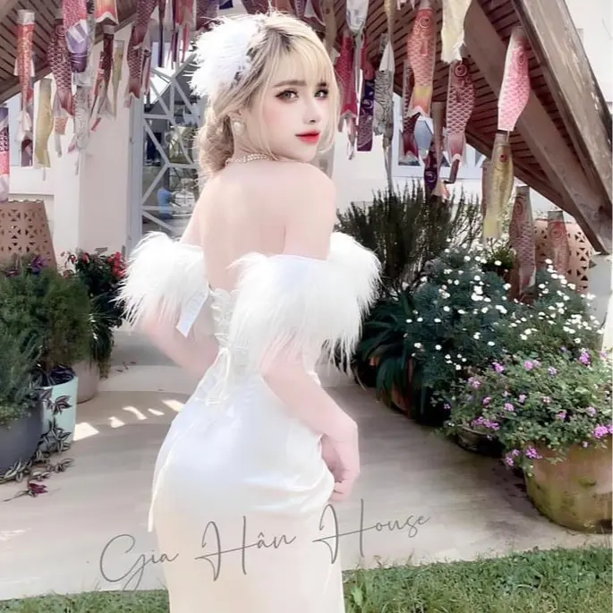 13409 -ĐẦM ĐUÔI CÁ GẮN LÔNG -Thương hiệu : Gia Hân House - Kích thước : Freesize Nữ Thun Women Dress Trắng