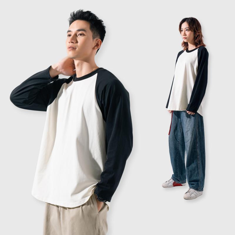 Flexible raglan Cream Black | MEMS Áo thun cotton nam nữ tay dài trơn cổ tròn áo phối màu