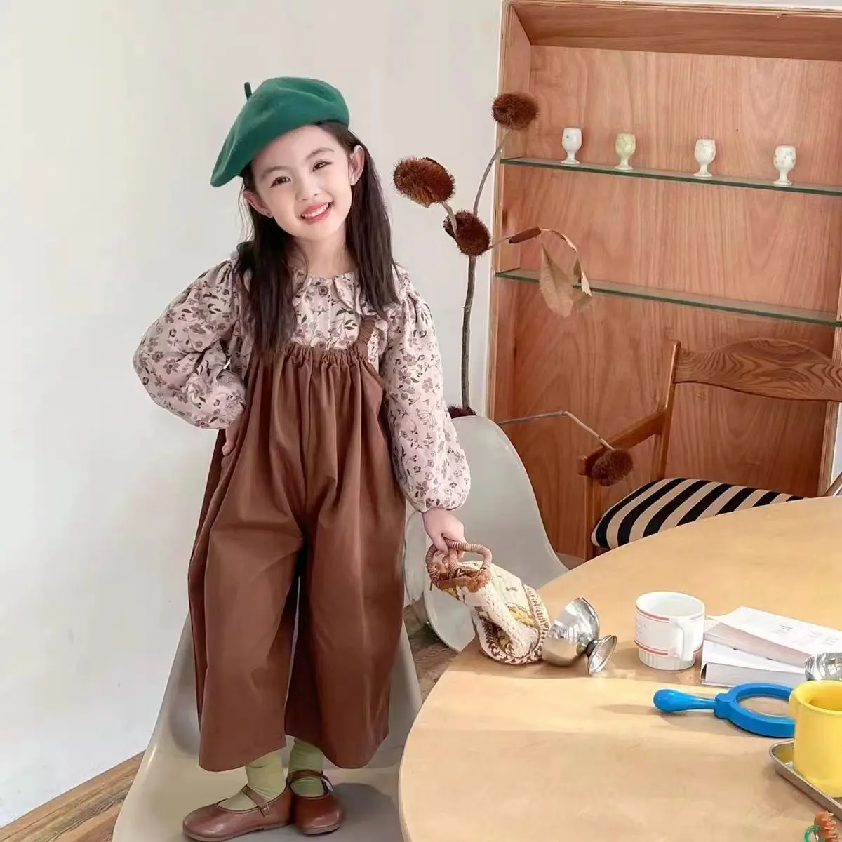 Terbaru Setelan Anak Perempuan Kemeja Motif Bunga+Celana Panjang Overall Setelan Mains Anak Perempuan Fashion
