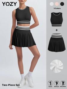 Two-Piece Set YOZY Women's Striped Crop Tank Top & Tennis Skort, Sporty Breathable Comfortable Sportswear Set for Tennis Running Gym, Ladies Sportswear for All Seasons