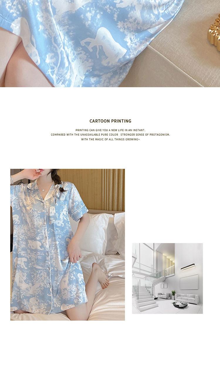 Product Introduction of Ice Silk Nightdress for Women Long Dress Summer 2025 New Ins Style High-Value Jungle Print Shirt Pajama Dress 15