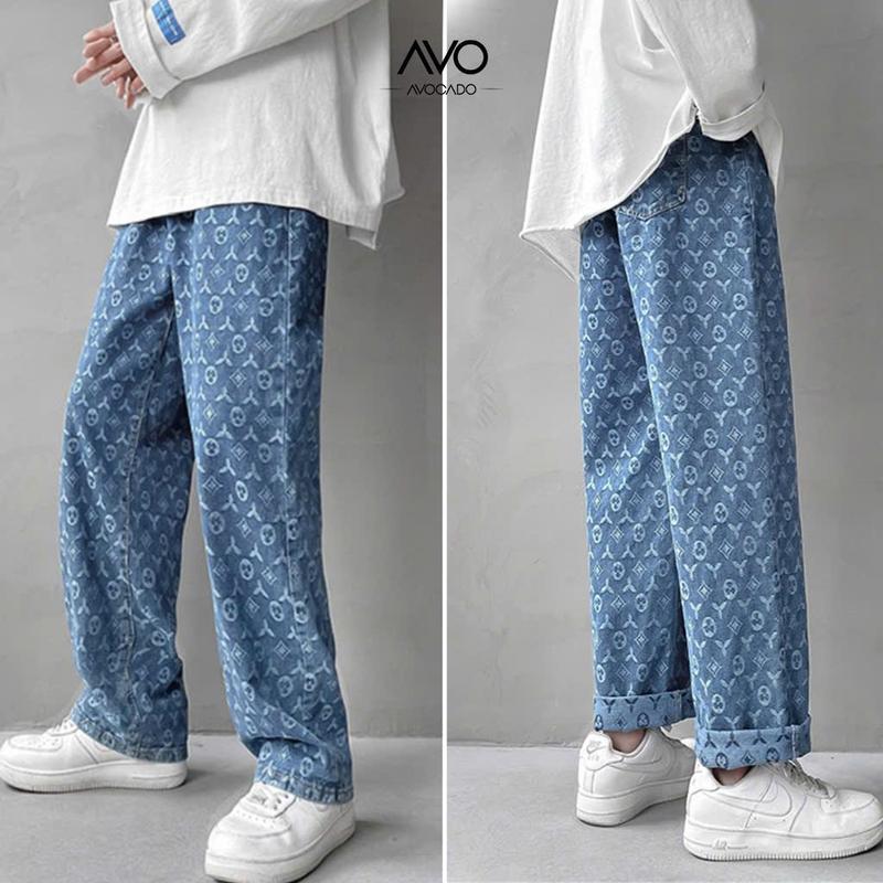 Quần Jean Baggy LV Họa Tiết Ống Suông Nam Nữ - AVOCADO - Ong, Menswear Unisex Pants