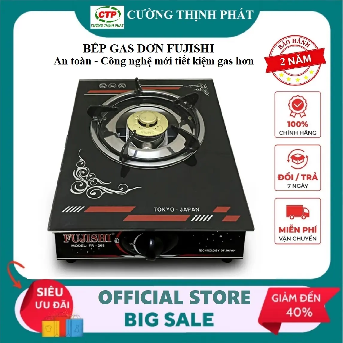 Bếp gas đơn FUJISHI FR-268N Mặt kính cường lực, lửa xanh tiết kiệm gas, Bảo hành 2 năm bếp  gas