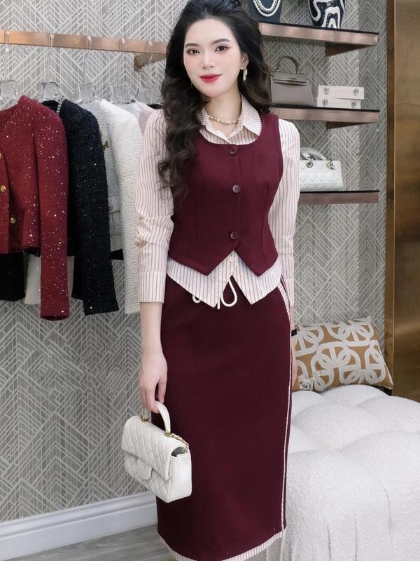 Sét bộ đồ nữ áo sơ mi phối gile đỏ đô kèm chân váy set bộ đồ nữ áo tay dài kẻ sọc chiết eo mix chân váy nữ công sở S010 Women Kem Top Shirt thường