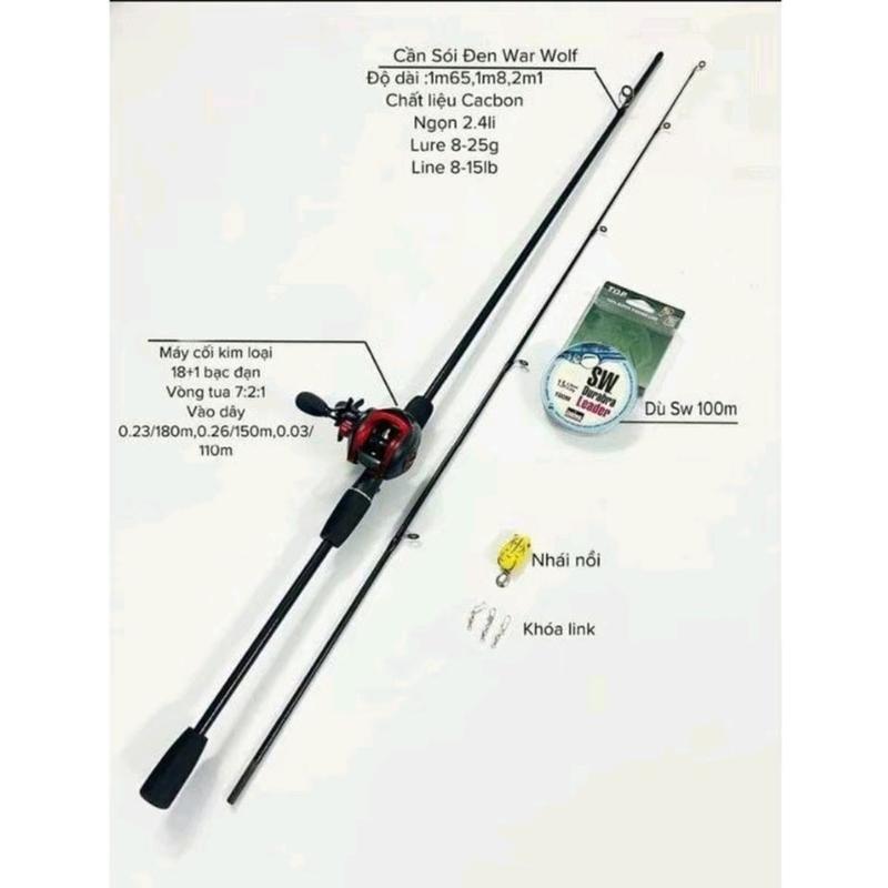 Combo cần câu lure sói đen máy quay ngang cối kim loại tay trái , dù sw 100m , nhái hơi , 3 khoá link  Đi Câu Fishing Câu Cá cân Bắt Cá caulure