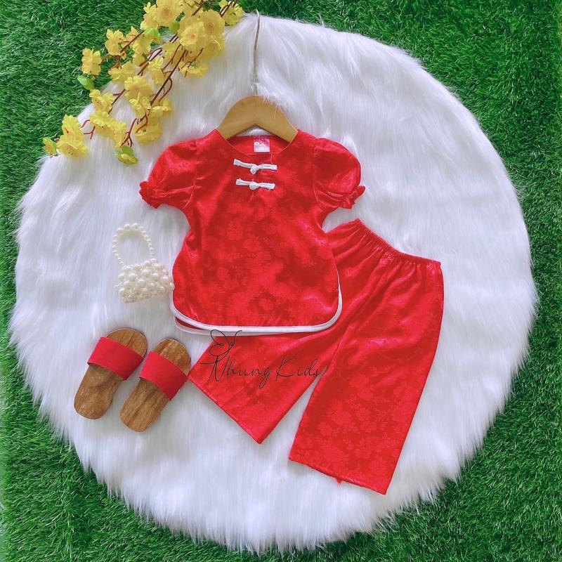 (8-13kg) Bà ba gấn áo gấm bo chn, quần gấm dài cho bé gái đươi 3 tuổi