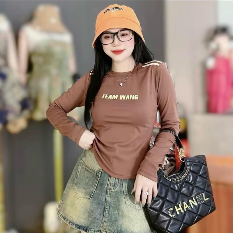 Áo Thun nữ Tay Dài Cổ Tròn In Chữ Thời Trang Hàng Mới Nữ Top Cotton Women Bò 5