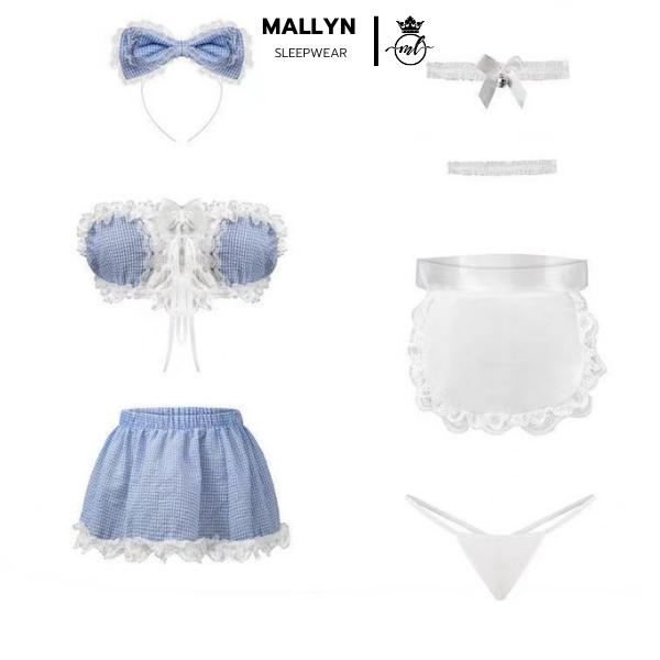 Set Váy ngủ cosplay hầu gái kẻ caro xanh MALLYN cute dễ thương 7 món 8114 váy  ngủ
