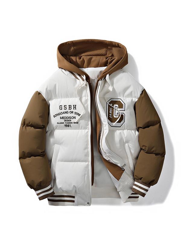 Men's Colorblock Letter Embroidery 2 in 1 Zip Up Hooded Jacket, Regular Fit Casual Pocket Drawstring Long Sleeve Outerwear for Fall & Winter, Men's Clothes for Daily Wear 4
