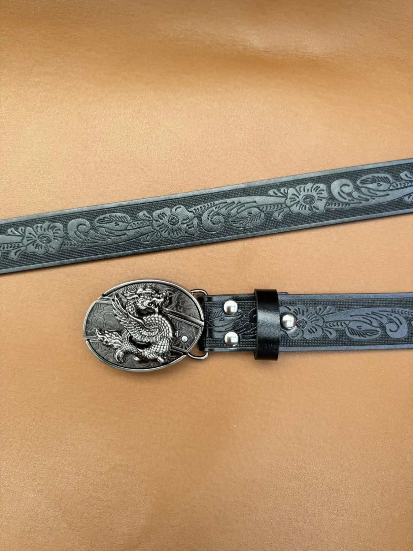 Men's Punk Style Dragon & Floral Pattern Buckle Belt, Fashion PU Leather Belt for Party, Daily Clothing Decor, Trendy All-match & Exquisite Belt for Birthday Gift