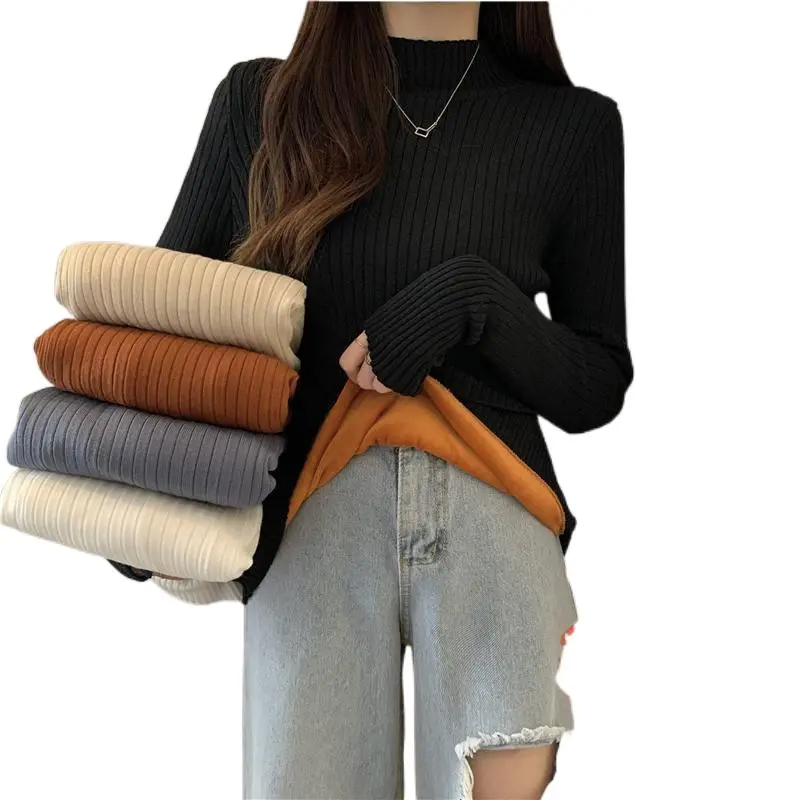 Black plus Velvet Bottoming Shirt Women's Winter Thick Fashion Trendy Semi-High Collar Sweater Slim Fit Inner Wear Thermal Knitting Top Knitwear Womenswear
