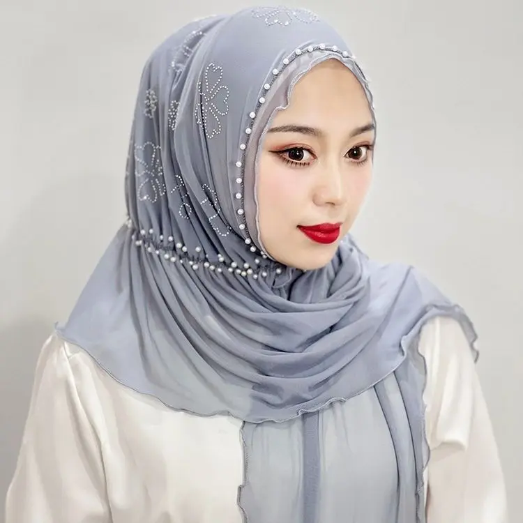 Chiffon Rhinestone Scarf Solid Color Head-Wrapping Hat Arabic Scarf Hat Beaded Elastic Scarf