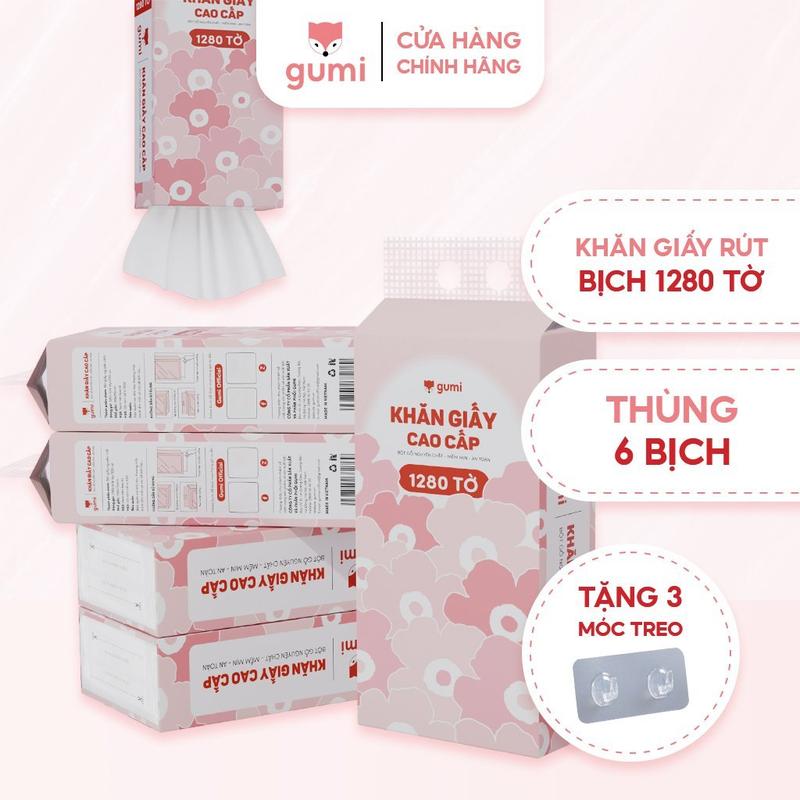Thùng 6 bịch Khăn Giấy Gumi treo tường tiện lợi, an toàn Giấy ăn Gumi (Tặng kèm 3 móc treo tường) Giấy Vệ Sinh giấy  lau