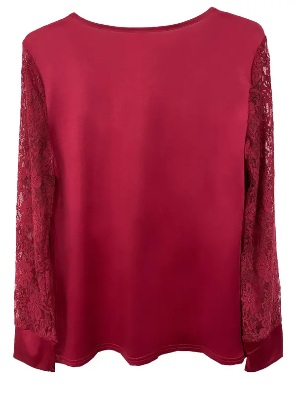Women's Solid Contrast Lace V Neck Blouse, Fashion Casual Long Sleeve Top for Daily Wear, Women Clothing for Spring Fall, Clothes for Women 4