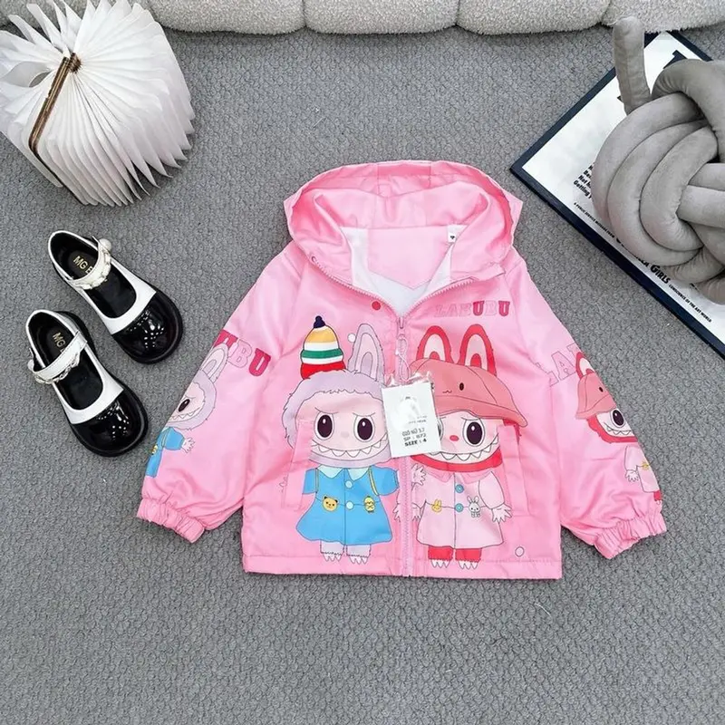 Áo Khoác Gió Labubu Cho Bé Gái 2 Lớp Lót Nỉ Có Mũ Size 13-23kg Ấm Áp Chống Nắng Chống Gió 4