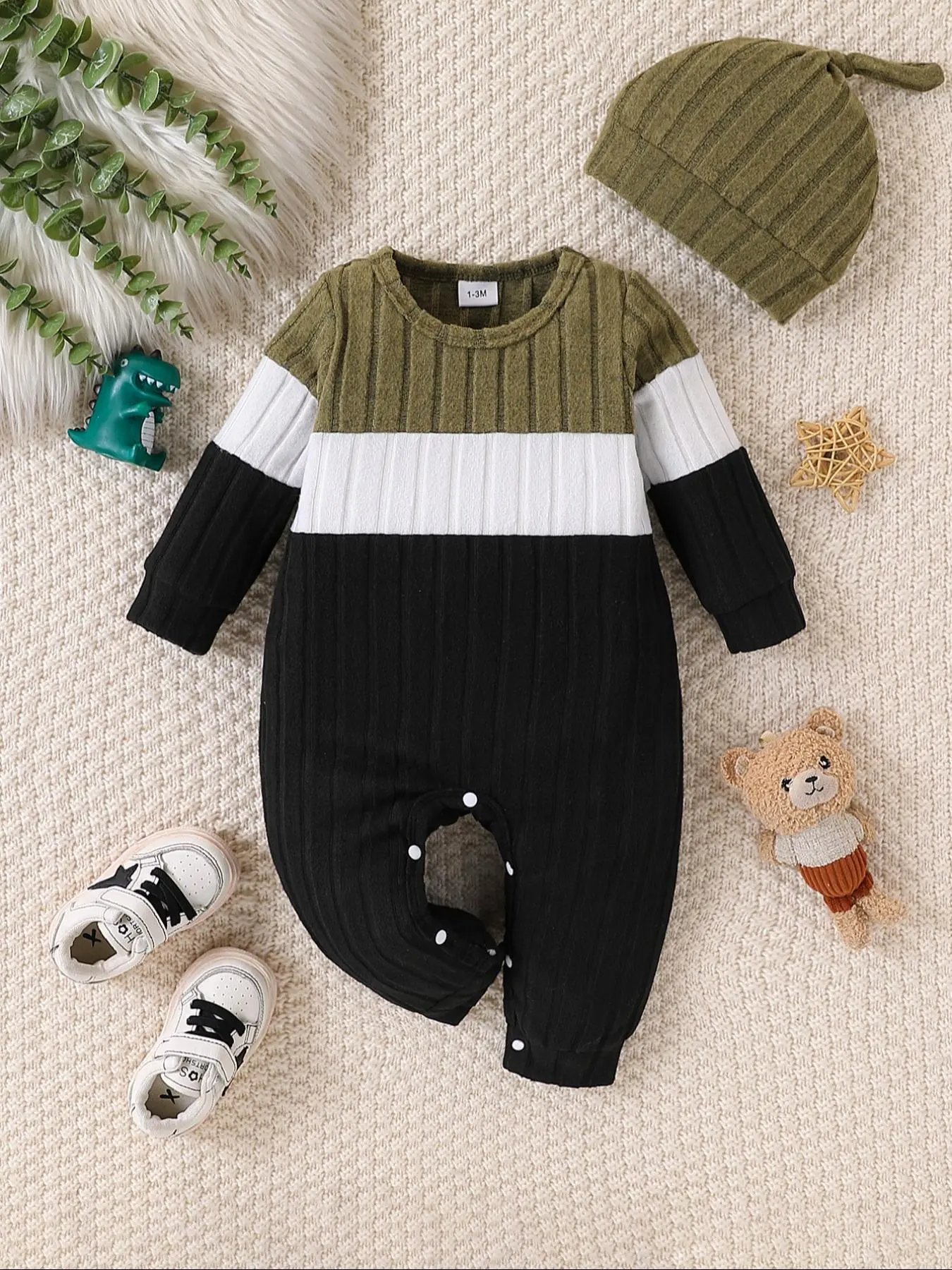 Toddler Boy's Colorblock Long Sleeve Jumpsuit & Hat Set, Casual Comfy Jumpsuit for Daily Wear, Kids Clothes for All Seasons