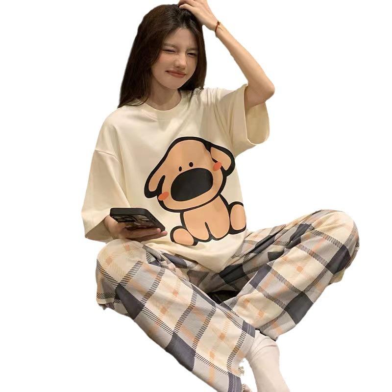 ชุดนอนผู้หญิงแขนสั้นกางเกงขายาวฤดูร้อนการ์ตูนน่ารัก 2026ชุดนอนฤดูใบไม้ผลิฤดูร้อนใหม่สามารถใส่ออกไปข้