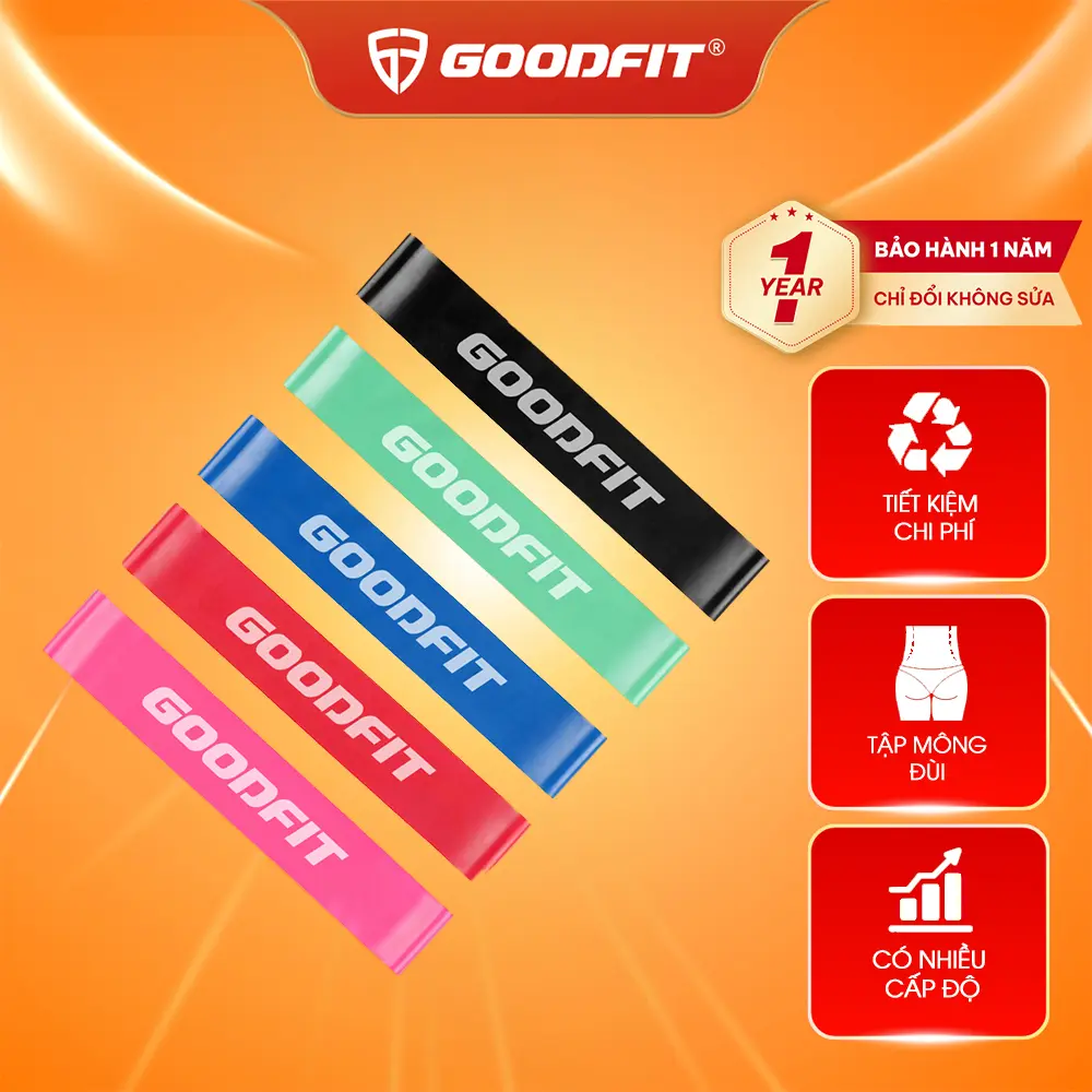 Dây miniband cao su, dây kháng lực tập gym GoodFit 5 cấp độ 3-18kg, cao su thiên nhiên an toàn, tập toàn thân độn 3 vòng GF911MB