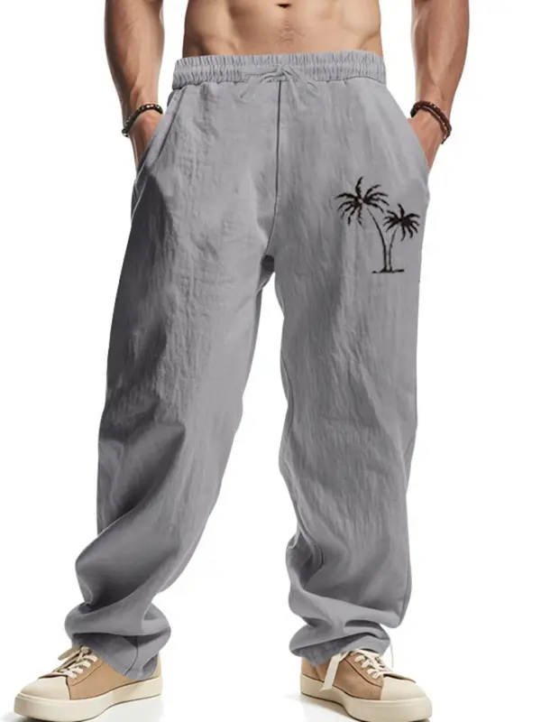 Men's Coconut Tree Print Linen Pants, Regular Fit Casual Comfy Breathable Wide Leg Trousers for Beach Vacation Holiday, Men's Bottoms for Summer, Menswear 5