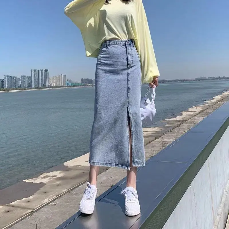 Side slit denim skirt women's summer new Korean style high waist slim a-line hot girl medium and long hip skirt trend