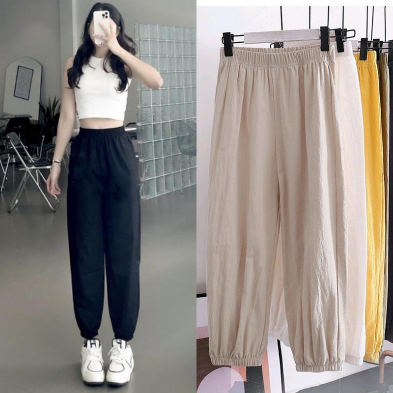 Quần jogger nữ ống rộng bo gấu dây rút cạp chun dáng thể thao chất vải đũi mềm mát kiểu Quần đũi bom dài cạp thun chun mặc ở nhà hè đi biển học gym Thoáng khí Thoải mái Tập Gym Sport Yoga Tập Yoga