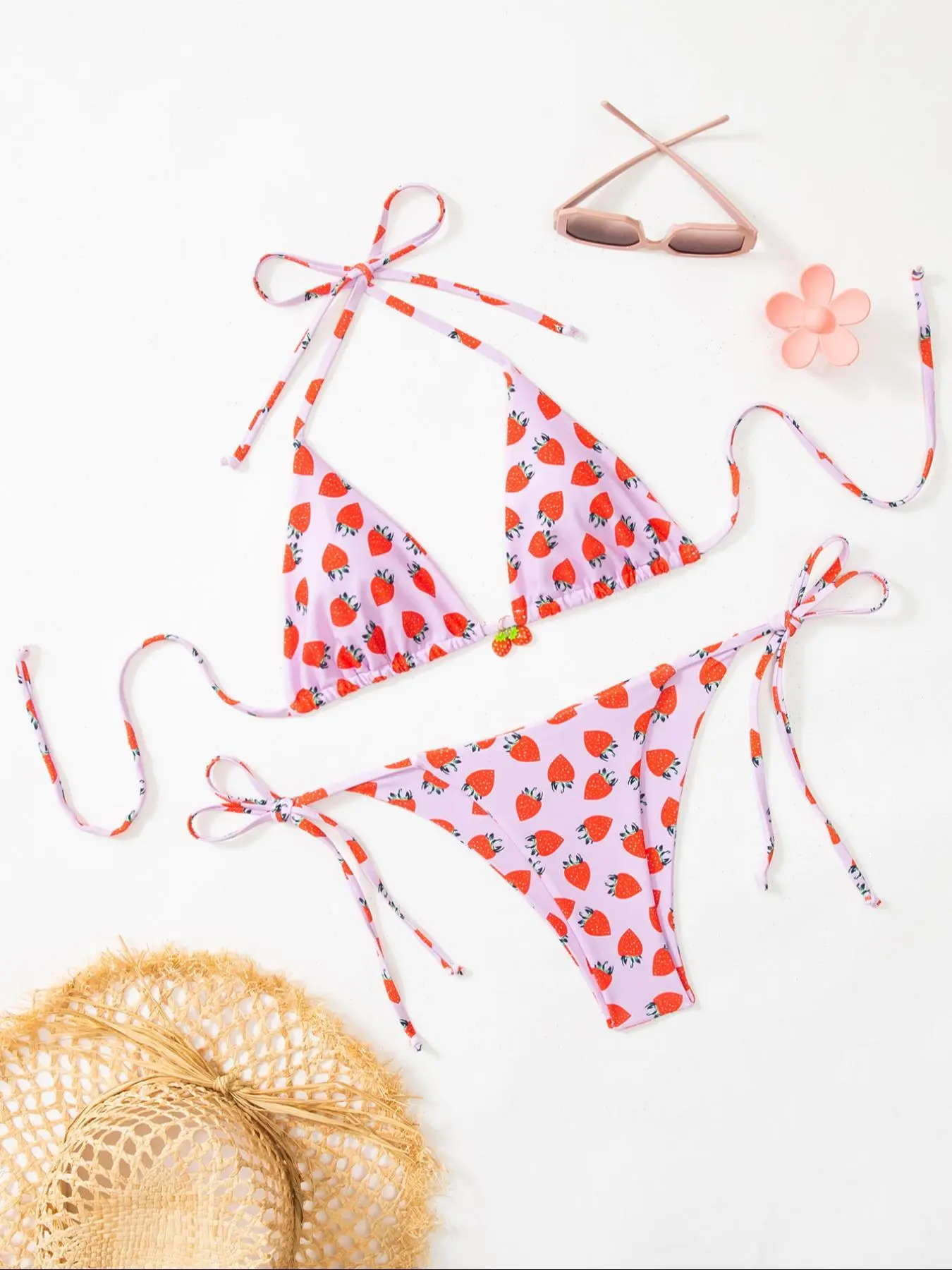 Women's Strawberry Print Bikini Set, Casual Halter Neck Tie Back Swim Top & Swim Bottom, Ladies Swimsuit for Beach Holiday Vacation