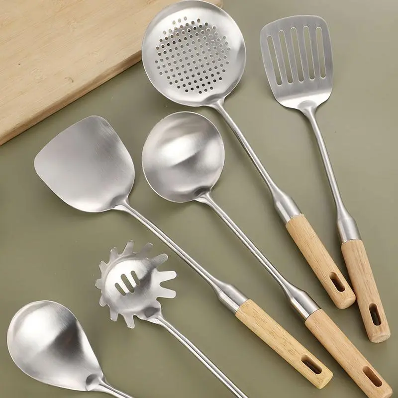 Stainless Steel Cooking Utensil Set with Wooden Handle, 6 Counts/set Including Ladle & Spatula & Large Skimmer & Rice Spoon & Pasta Fork & Slotted Spatula, Kitchen Utensils Set for Home Dining Room 4