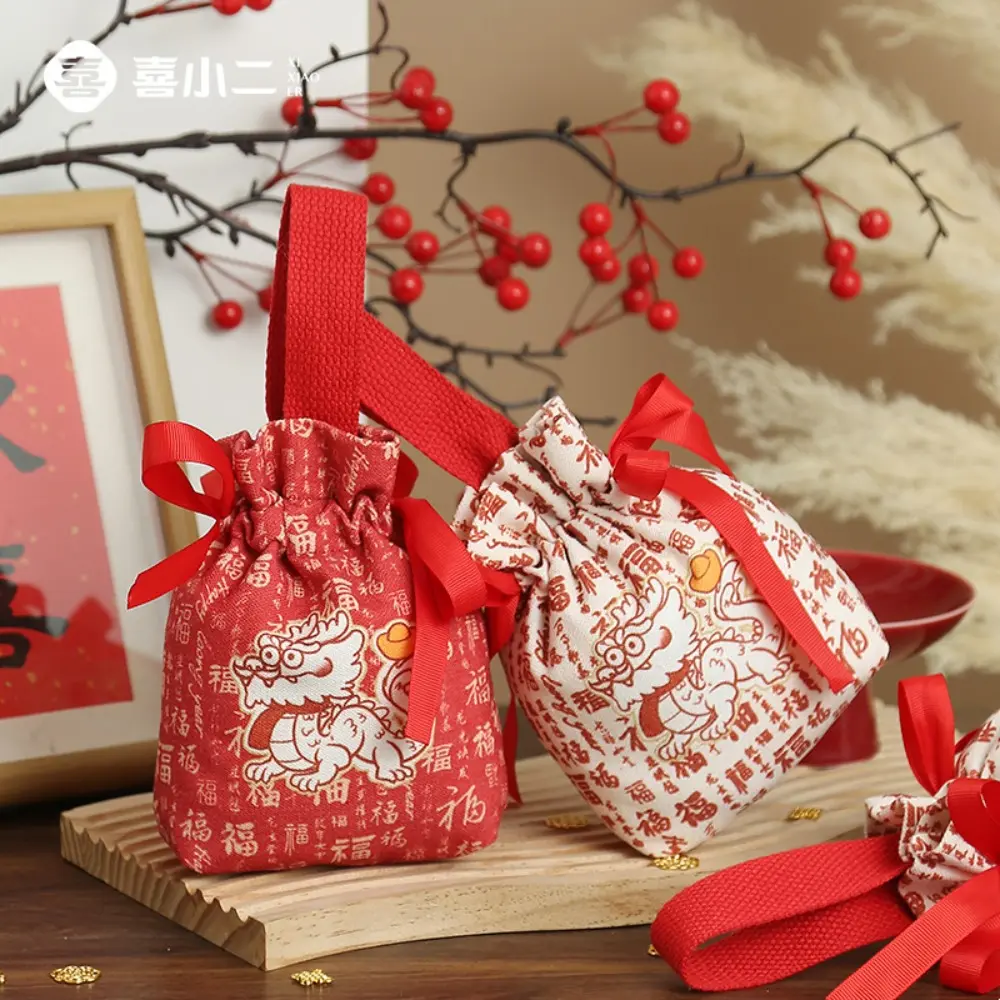 Practical Canvas Korean Style Festive Sugar Bag Large Capacity Washable Dragon Year Tote Bag Festival Canvas Sugar Bag