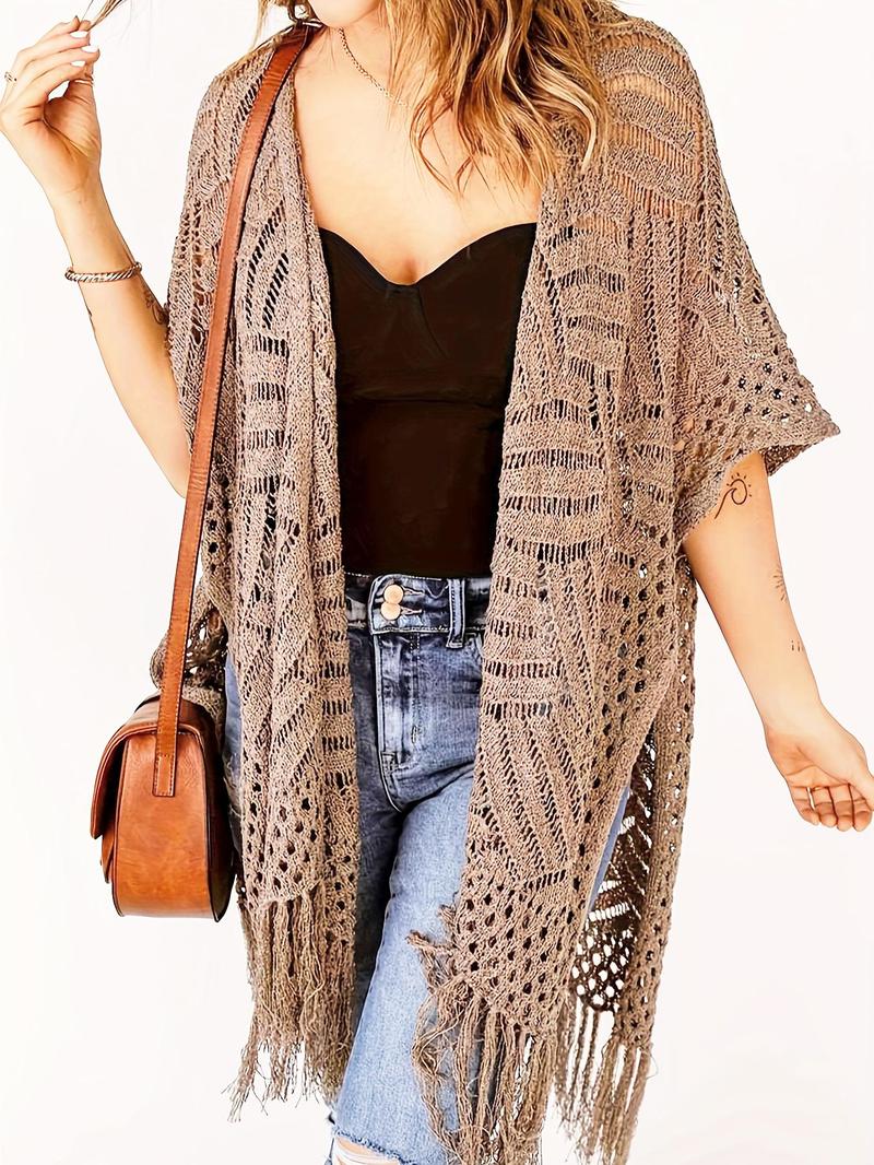 Product Introduction of 【Plus Size】 Women's Solid Fringe Trim Open Front Cardigan, Casual Half Sleeve Knitwear for Daily Wear, Ladies Clothes for All Seasons, Tops 2