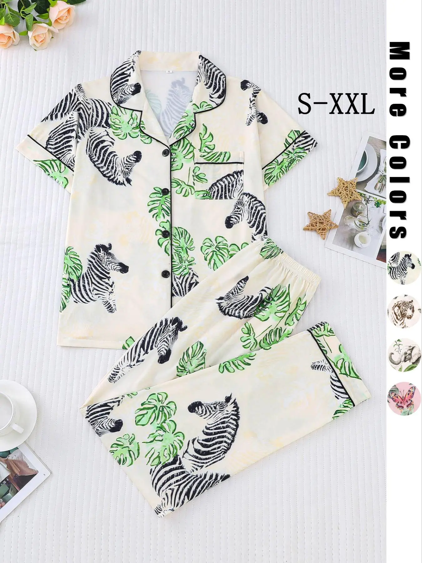 Two-Piece Set Women's Animal Print Pocket Lapel Blouse & Elastic Waist Pants Pyjama Set, Casual Short Sleeve Button Up Top & Plants Print Trousers PJ Set, Ladies Summer Loungewear Pajamas Set, Summer Wear 2024