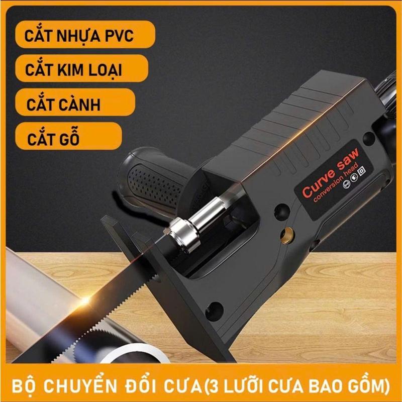 Bộ chuyển đổi máy khoan thành máy cưa cầm tay điện kèm 3 luoi cưa cắt gỗ kim loại lắp được khoan pin và khoan điện. Cắt: Gỗ, kim loại, PVC 6