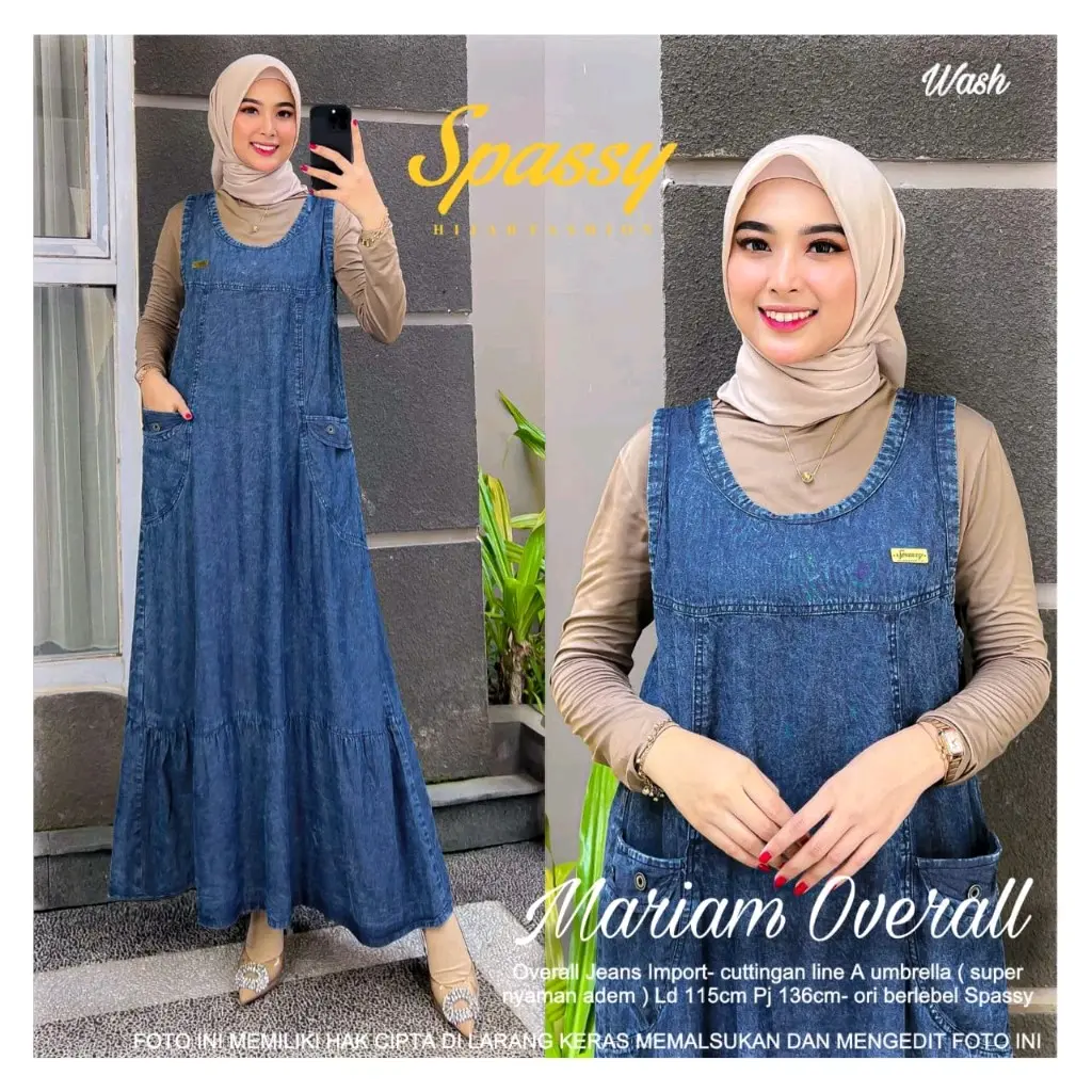 Overall Meriam Jumpsuit Bahan Jeans Premium ld 110 panjang 130 Wanita Muslim