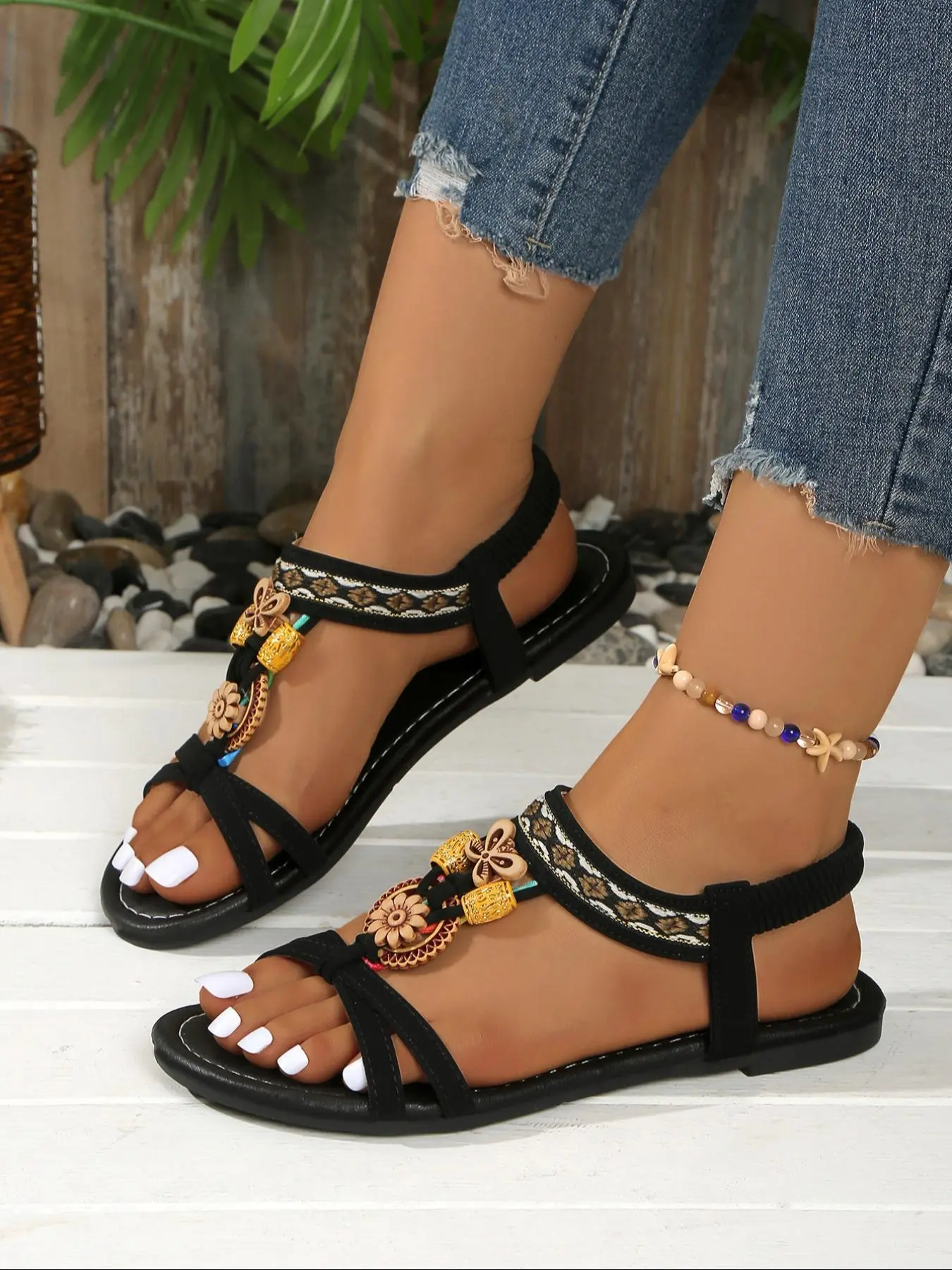 Women's Boho Style Ethnic Pattern Slip on Sandals, Casual Comfortable Flat Sandals for Summer, Lightweight Breathable Shoes for Daily Wear, Girl