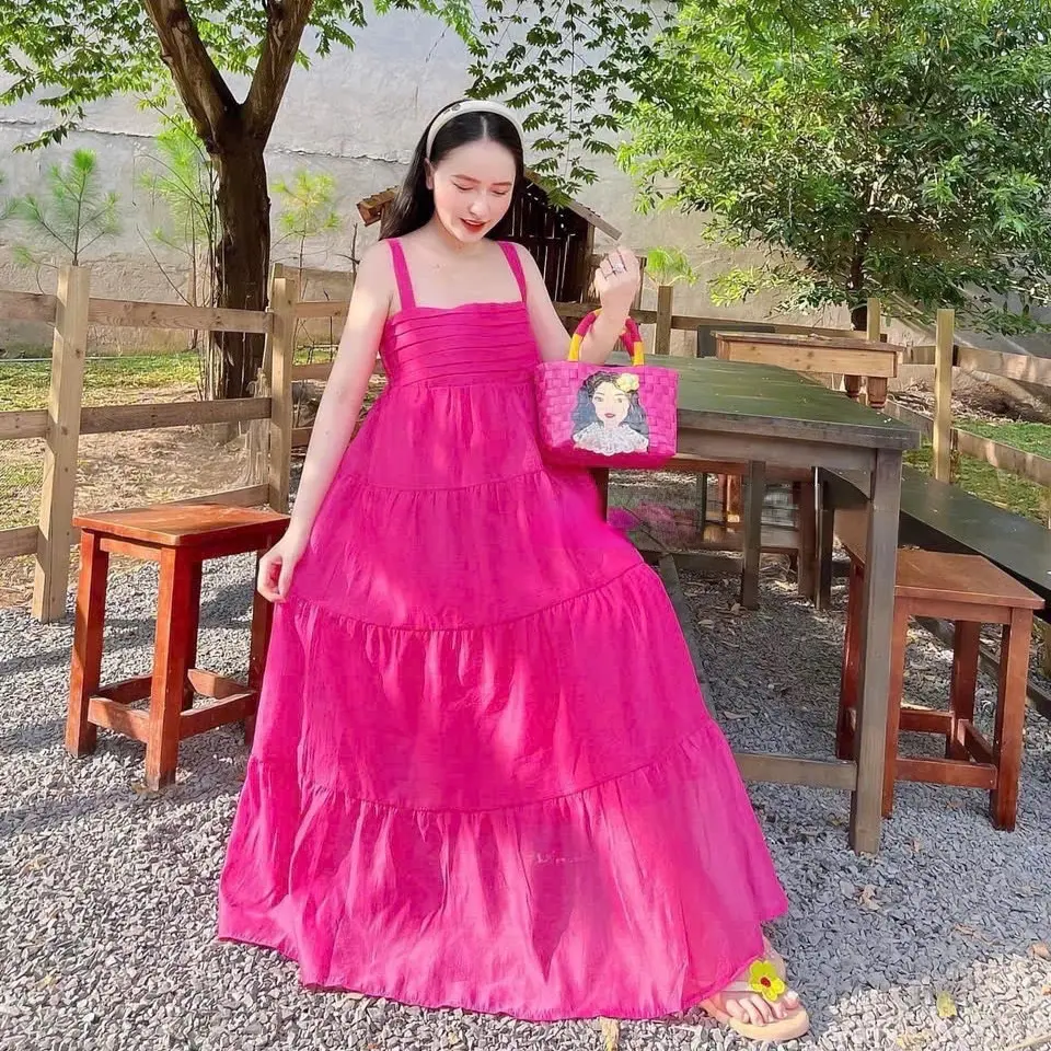 Đầm maxi đi biển cho nữ - Váy tơ 2 dây xếp ngực dáng dài có bo chun sau lưng - Dress ulzzaang Beige Kẹo vaytet vay sang tiệc