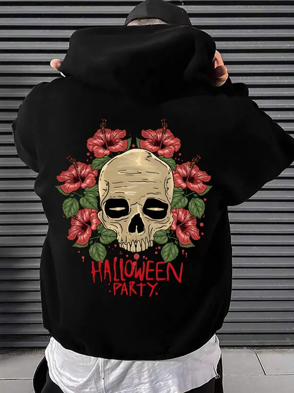 Men's Skull & Floral Print Drop Shoulder Thermal Lined Hoodie, Fashion Casual Drawstring Pocket Hooded Sweatshirt for Daily Holiday Outdoor Wear, Men Clothes for Fall & Winter 0