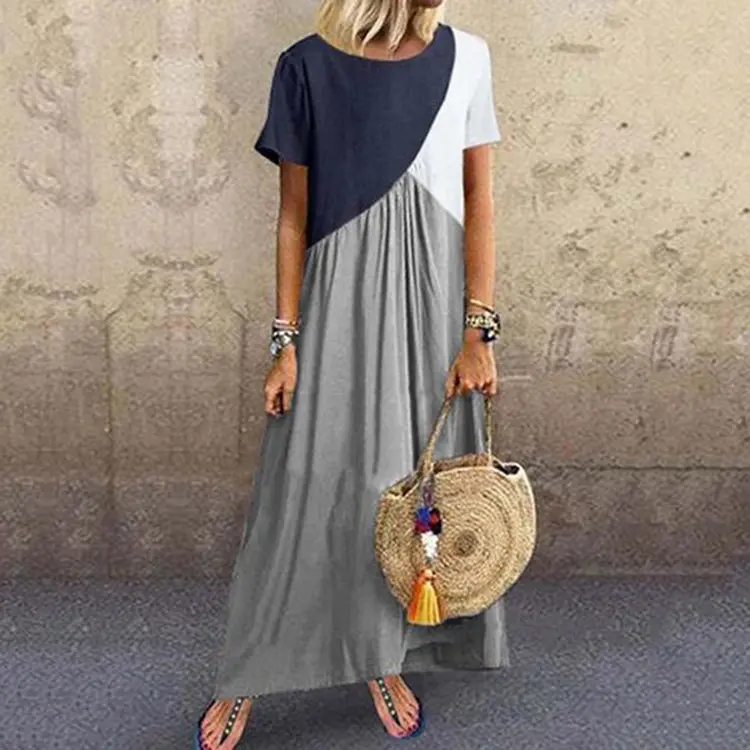 Comfortable Fashion European and American Geometric Stitching Contrast Color Irregular Short Sleeve Dress Large Size Casual Dress
