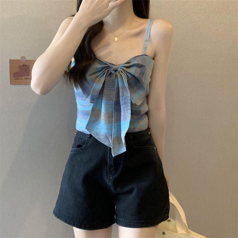 Product Introduction of Sweet and Spicy Style Striped Small Sling Vest Women's Summer Inner Wear Outer Wear Design Sense Niche Bow Sleeveless Short Top turtleneck  tank Lingerie Plaid Spaghetti Strap tank  top camisole  tops baby  tee 10