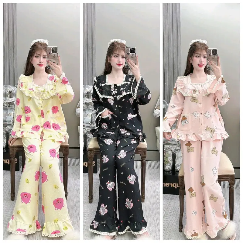 Bộ tiểu thư tay dài 40/60kg viền ren nhúng bèo chất đũi sốp .đồ mặc nhà thoáng mát Nhung Tim 0