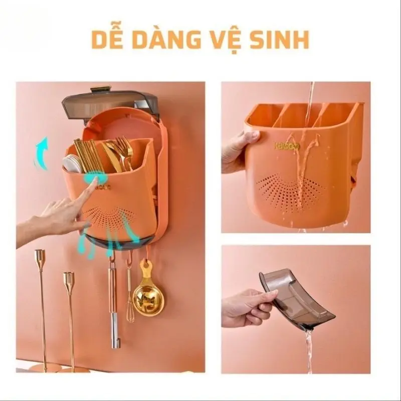 Hộp đựnġ Đũa Muỗng Treo Tường Có Khay Đỡ Nước - Ống đựnġ đũa gắn tường có nắp đậy - Bảo vệ thìa đũa muỗng khỏi bụi bẩn, côn trùnġ - kícḣ thước: 31x20x8 cm - Kitchen 8