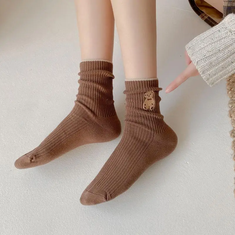 Bear Socks Women's Midtube Cute Japanese Fashion Korean Spring and Autumn Summer Pile Socks Autumn and Winter Teddy Bear Stockings Womenswear Comfortable