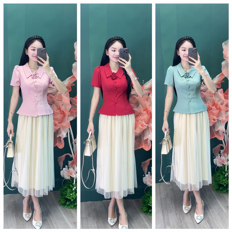 Áo Nữ thiết kế Cổ Vuông vải trượt, áo thiết kế dáng peplum họa tiết hoa đính cổ Top Women công sở thường mặc