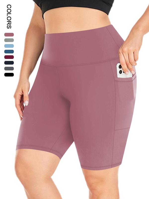 【Plus Size】 Plain High Waist Pocket Design Skinny Shorts, Casual Comfy Breathable High Stretch Seamless Shorts for Daily Outdoor Sport, Gym Wear, Shorts for Women, Workout Clothes 3