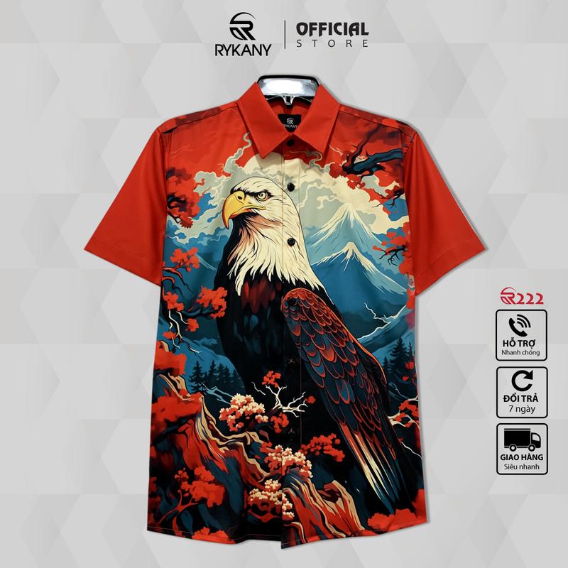 Áo sơ mi nam tay ngắn Đại bàng, vải lụa THÁI, co giãn, thoáng mát, hoa văn khớp hình khi mặc (R222) Menswear Shirt