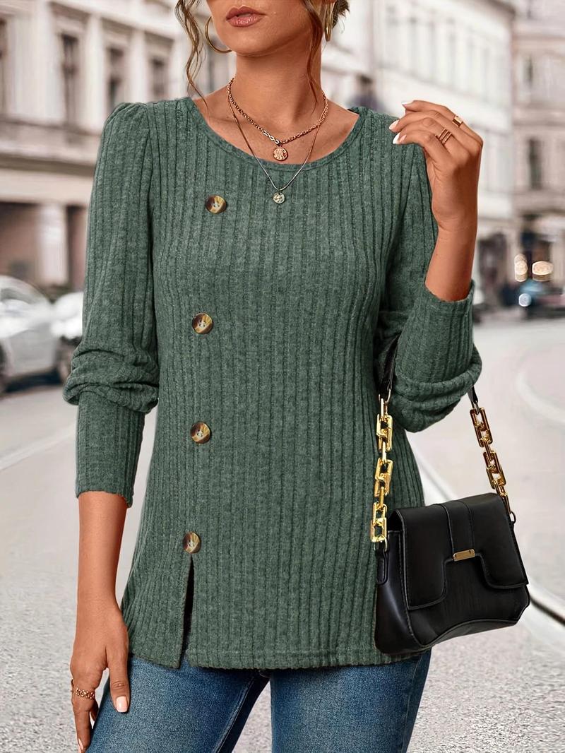 Product Introduction of Women's Plain Split Hem Button Ribbed Tee, Casual Bishop Sleeve Round Neck T-Shirt for Daily Wear, Ladies Clothes for All Seasons 9