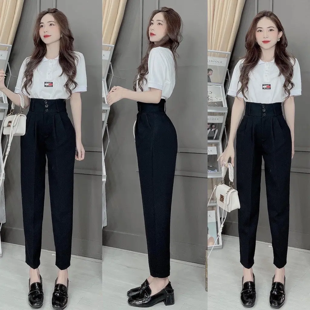 Quần tây nữ lưng cao  3 nút cài màu Đen mặc đi học làm công sở  dáng quần baggy nữ cạp cao công sở vải dày mềm co giãn nhẹ
